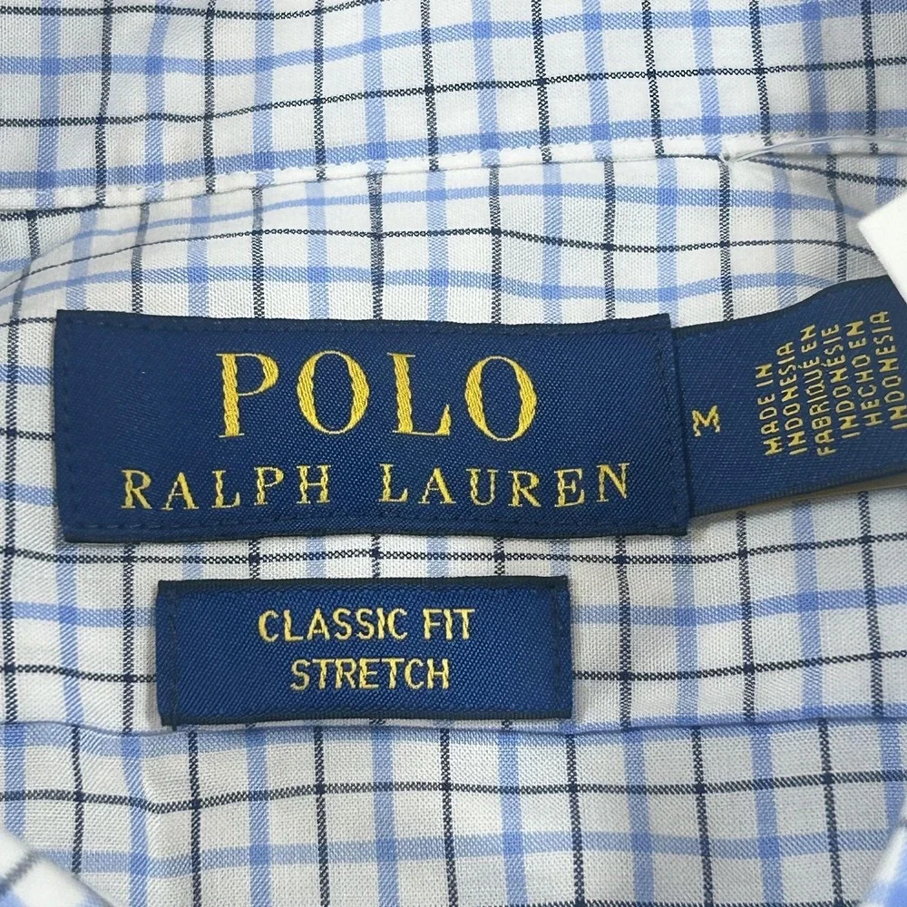 Polo Ralph Lauren Shirt Mens M Blue Check Classic Fit Stretch Button Down Dress
